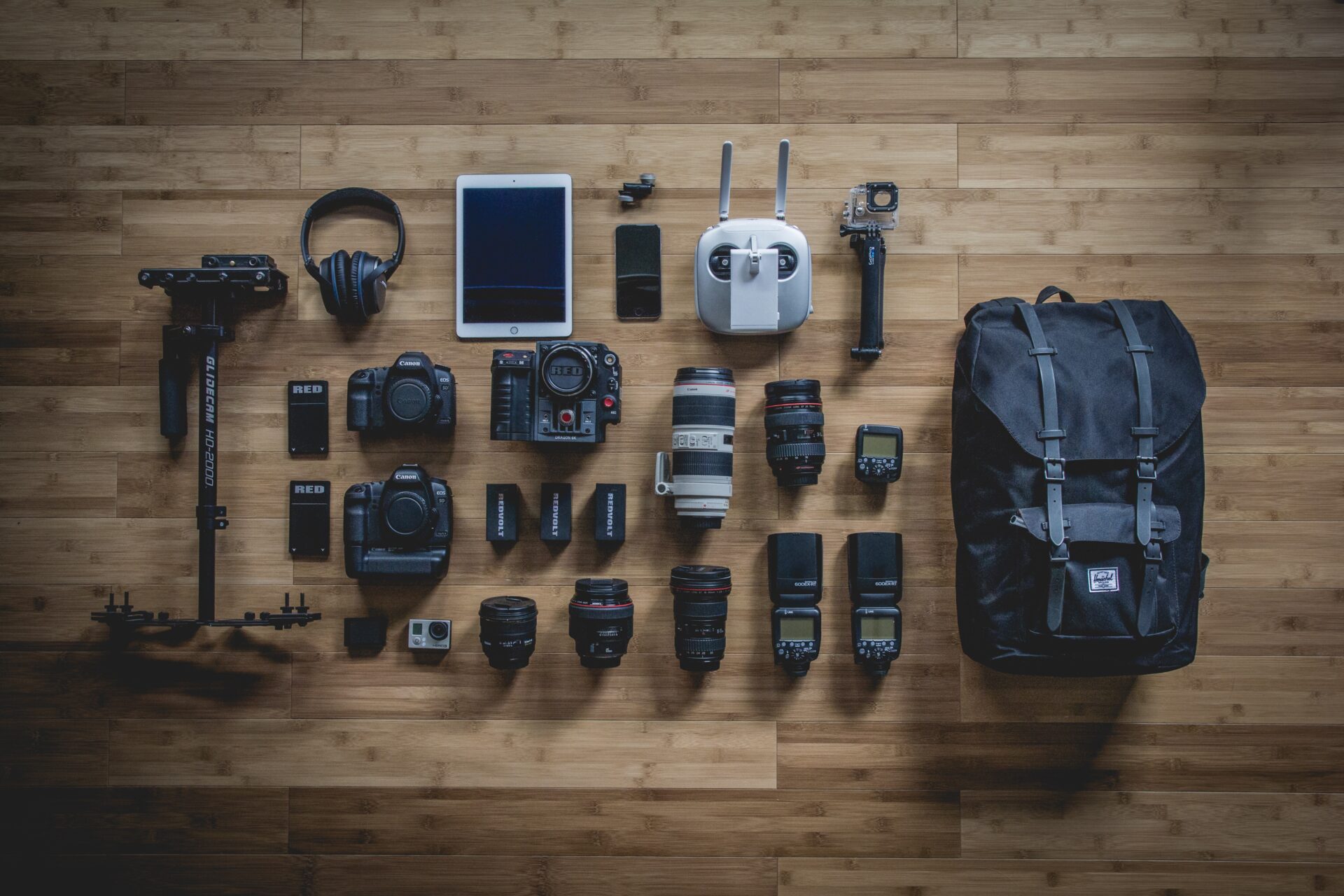a variety of camera equipment laid out on a table